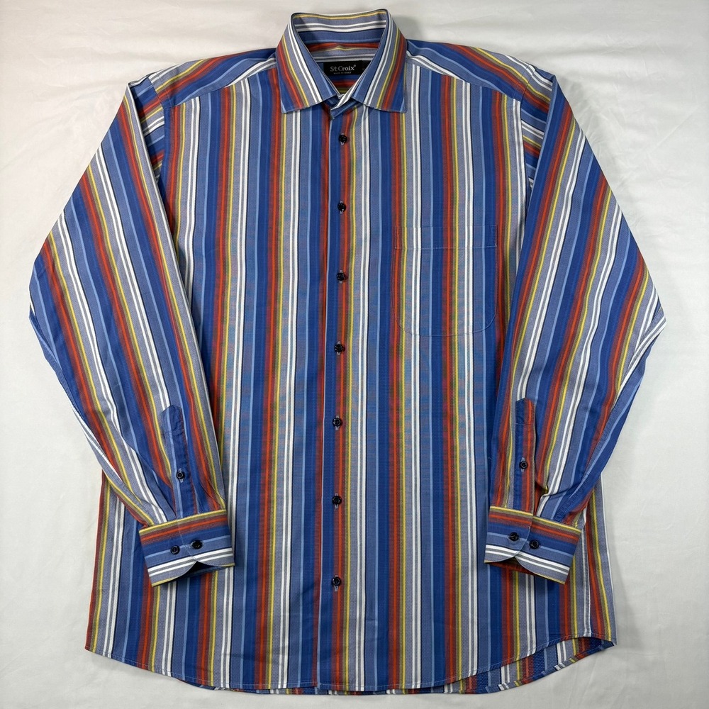 St‎ Croix Button Front Shirt Mens L Striped Blue Cotton Made in Italy Luxury
